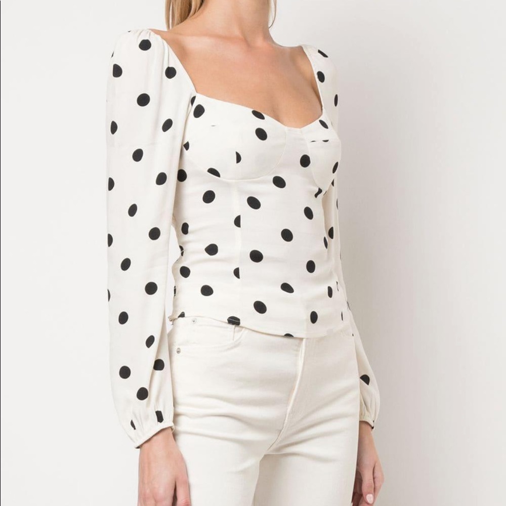 Reformation Reign polka dot crepe white and black blouse